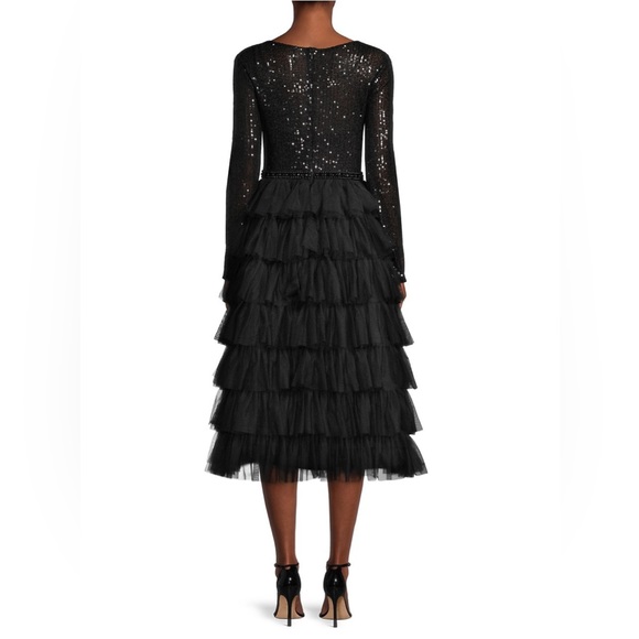 Ieena for Mac Duggal Sequin Bodice Long-Sleeve Ruffle Tiered Midi dress - Picture 5 of 13